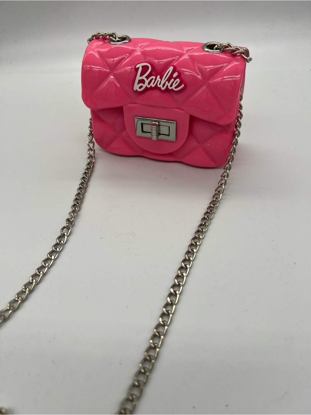 Barbie Glossy Quilted Hot Pink Mini Shoulder Bag with Silver Chain - Picture 3 of 6